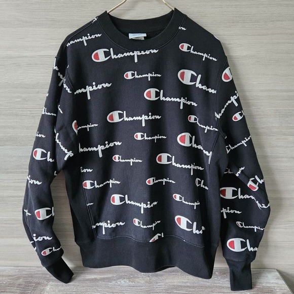 Champion Reverse Weave Heavy Crew All Over Logo Sweatshirt Black Panel Sides Lg - Picture 1 of 16
